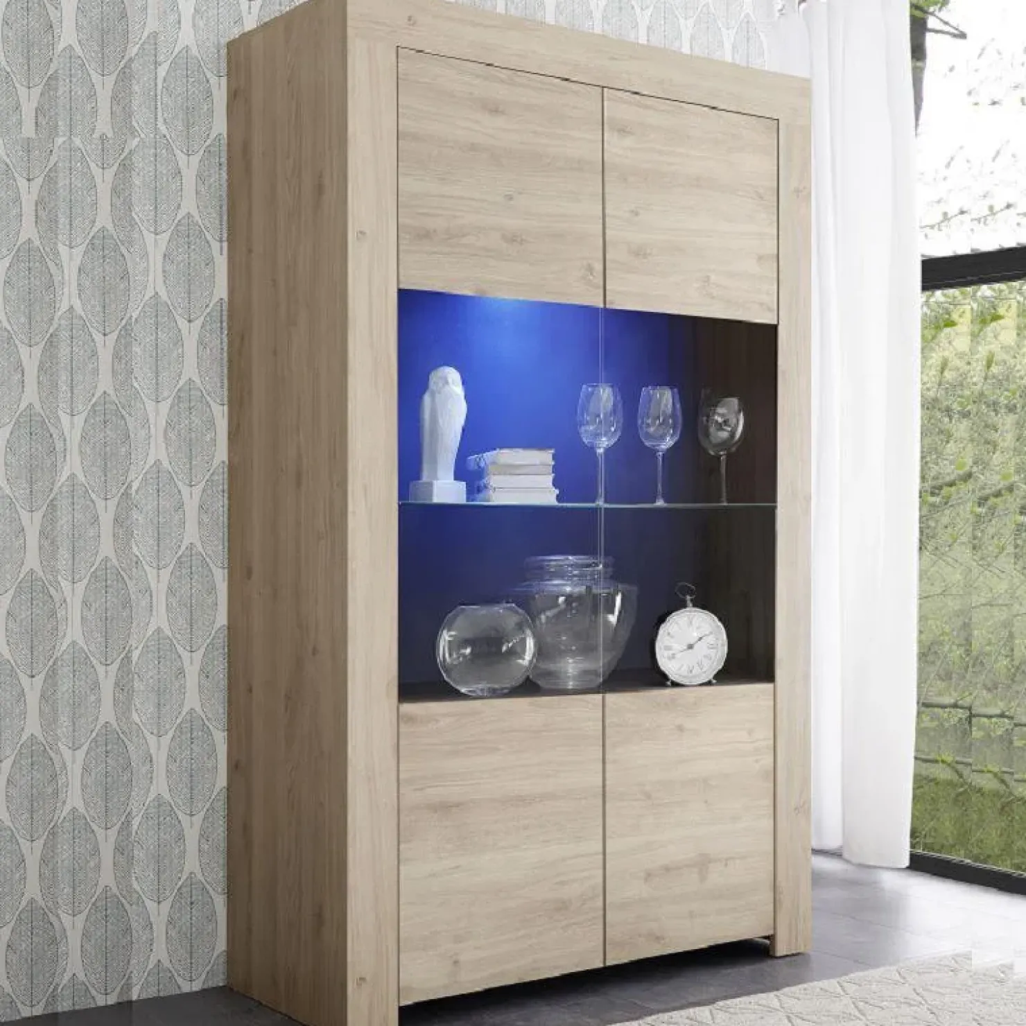 Garnero Arredamenti Vetrinetta 110x186h cm 2 ante moderna soggiorno chiaro Halston Rovere Clearance