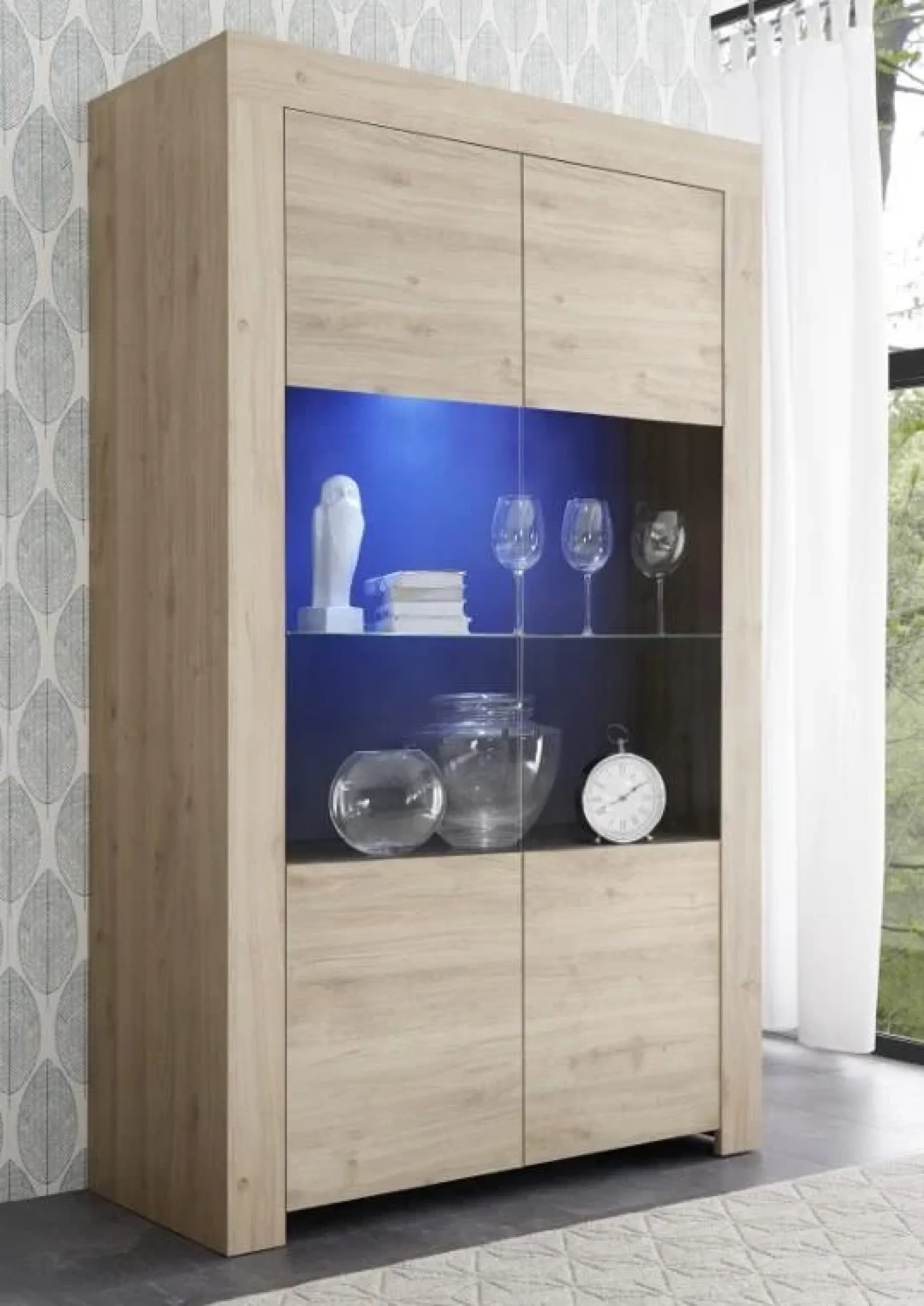 Garnero Arredamenti Vetrinetta 110x186h cm 2 ante moderna soggiorno chiaro Halston Rovere Clearance