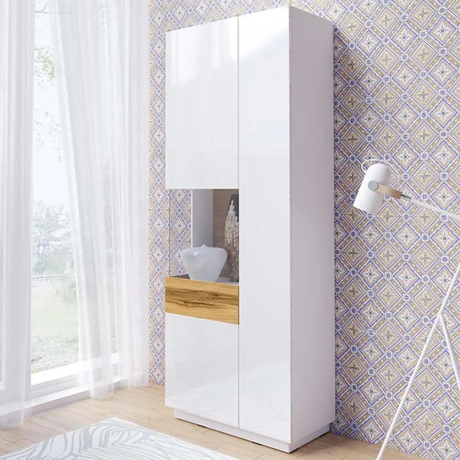 Garnero Arredamenti Vetrinetta 80x207h cm 2 ante sinistra bianco lucido rovere Bahama Bianco Lucido - Rovere Rustico Clearance