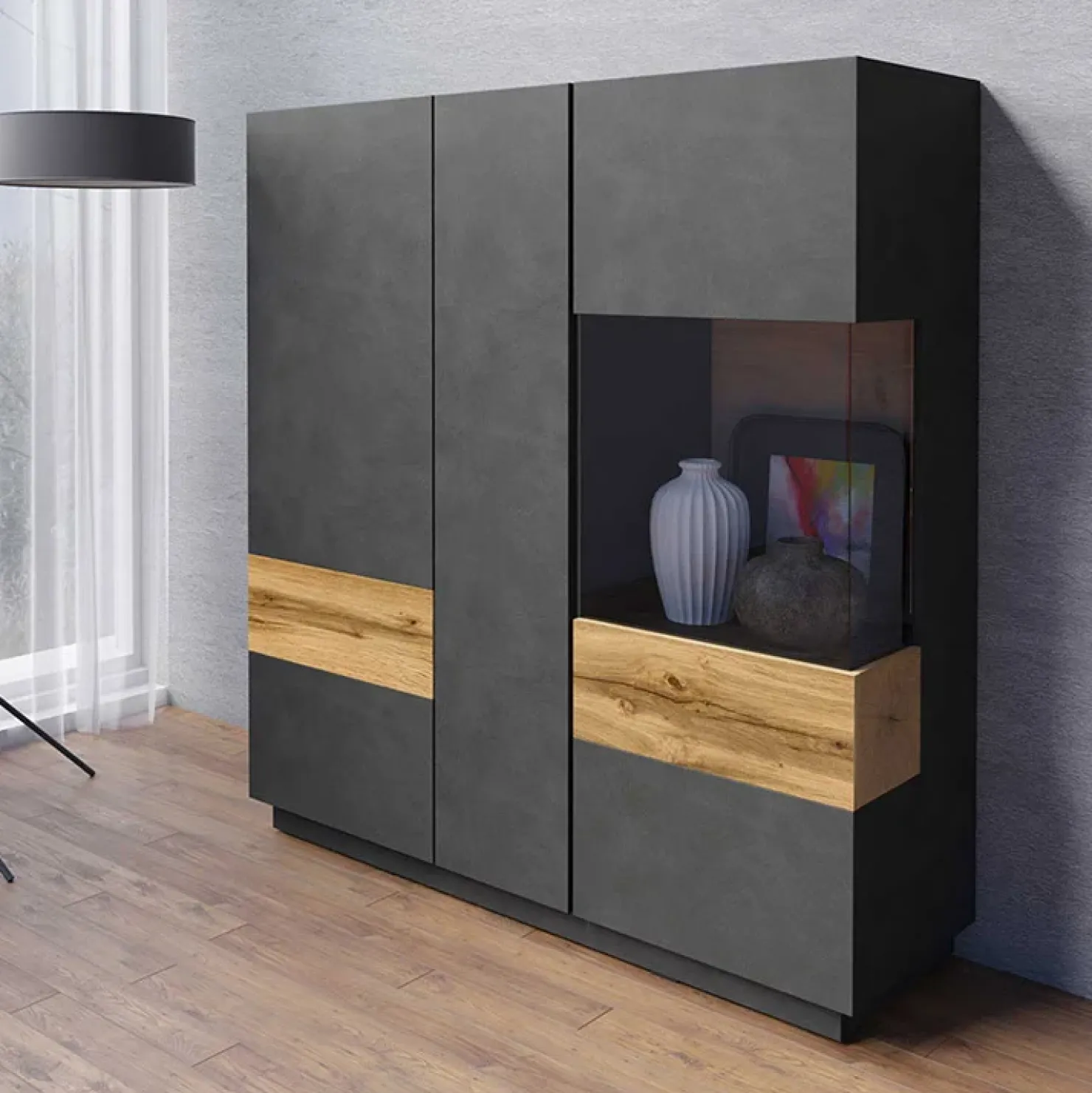 Garnero Arredamenti Vetrinetta 130x139h cm 3 ante soggiorno antracite rovere Bahama Antracite - Rovere Rustico Clearance