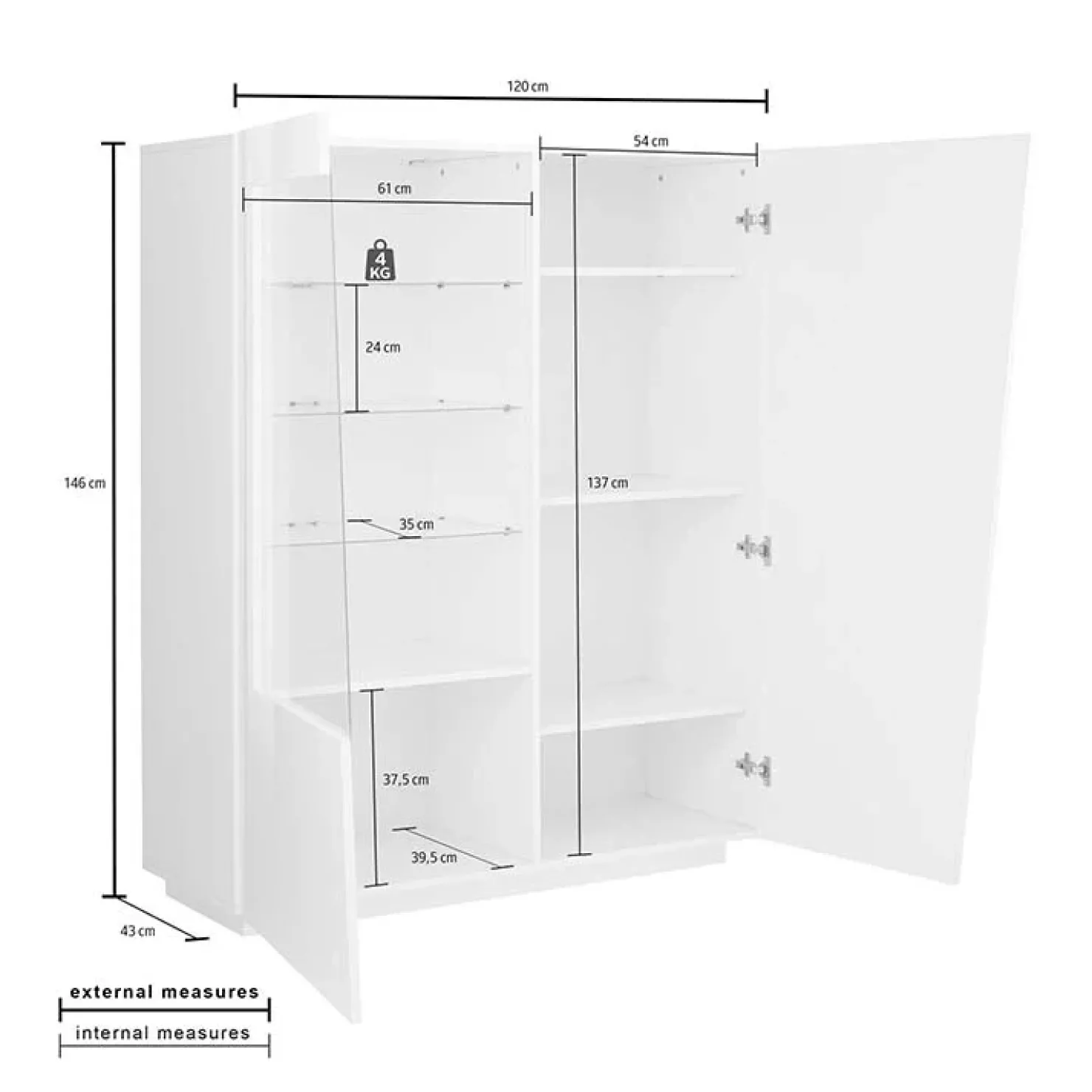 Garnero Arredamenti Vetrinetta 120x146h cm 2 ante soggiorno Candia Gihome® Bianco Lucido Clearance