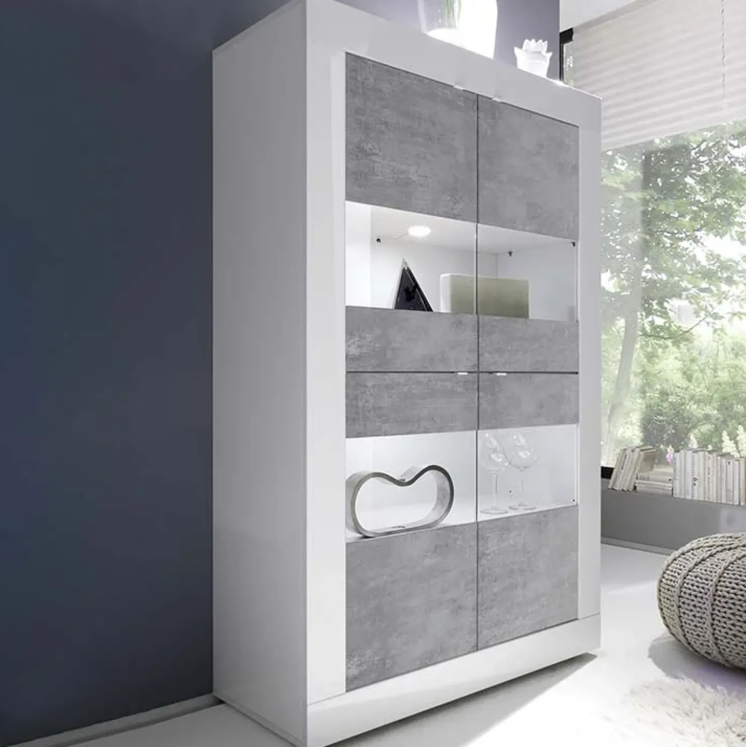 Garnero Arredamenti Vetrinetta 102x162h cm 4 ante soggiorno bianco lucido cemento Eternity Cemento - Bianco Lucido Sale