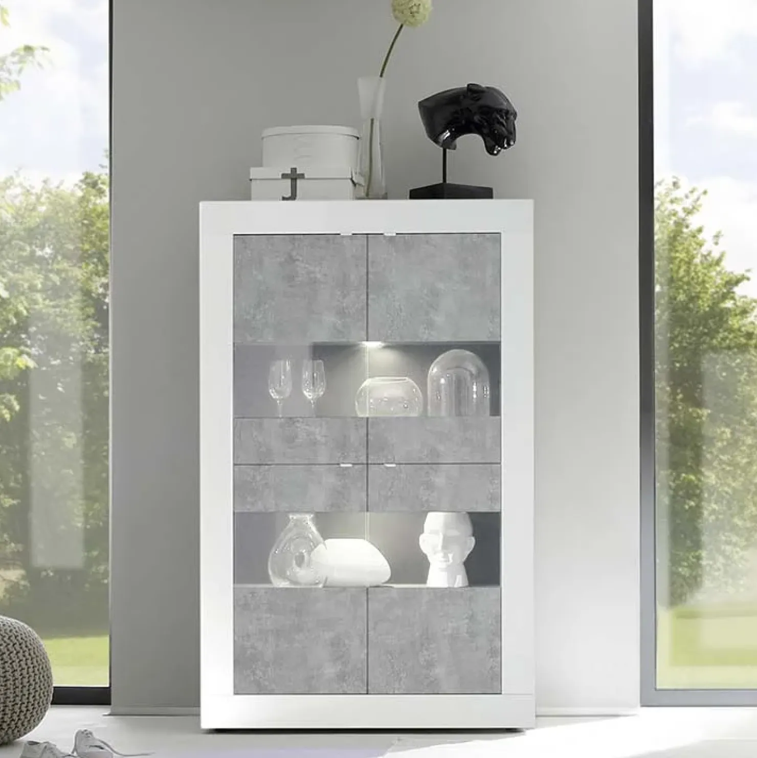 Garnero Arredamenti Vetrinetta 102x162h cm 4 ante soggiorno bianco lucido cemento Eternity Cemento - Bianco Lucido Sale