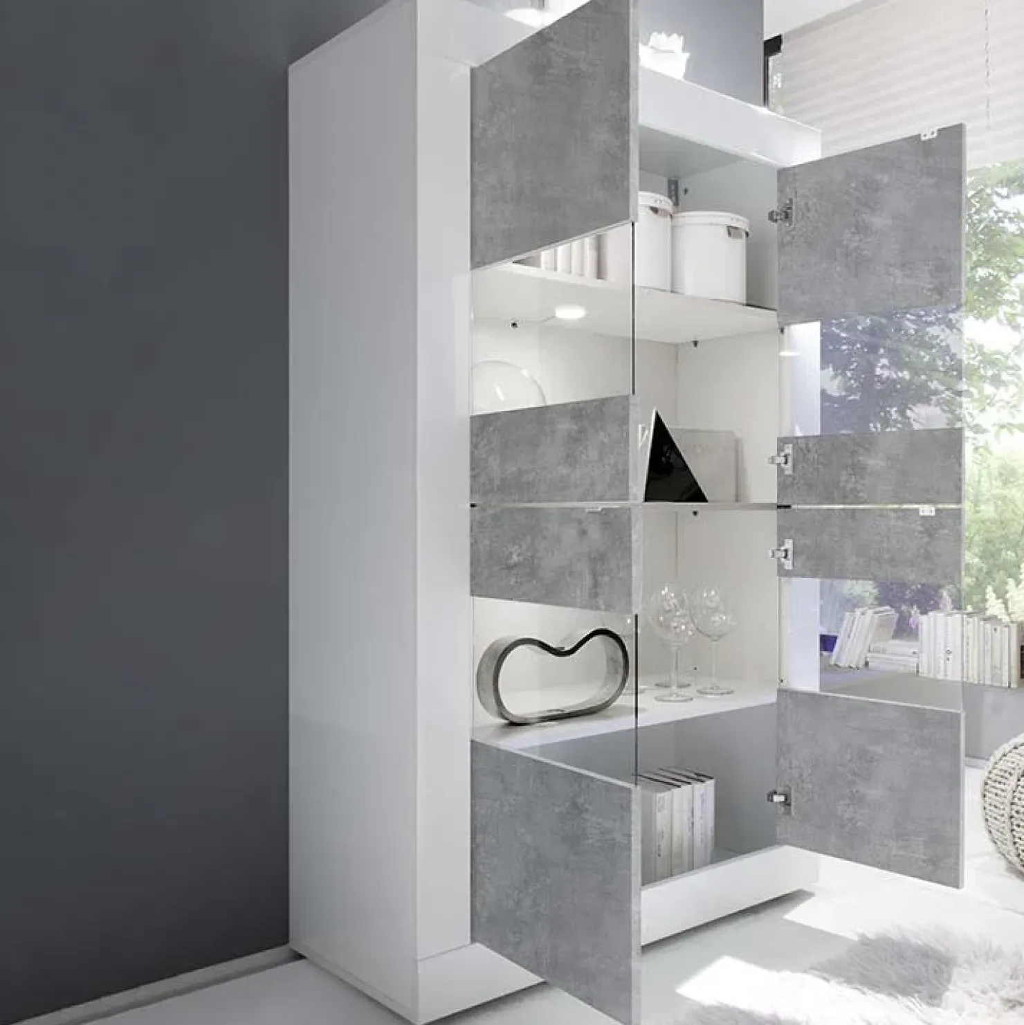 Garnero Arredamenti Vetrinetta 102x162h cm 4 ante soggiorno bianco lucido cemento Eternity Cemento - Bianco Lucido Sale