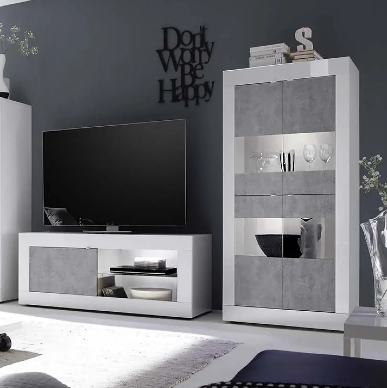 Garnero Arredamenti Vetrinetta 102x162h cm 4 ante soggiorno bianco lucido cemento Eternity Cemento - Bianco Lucido Sale