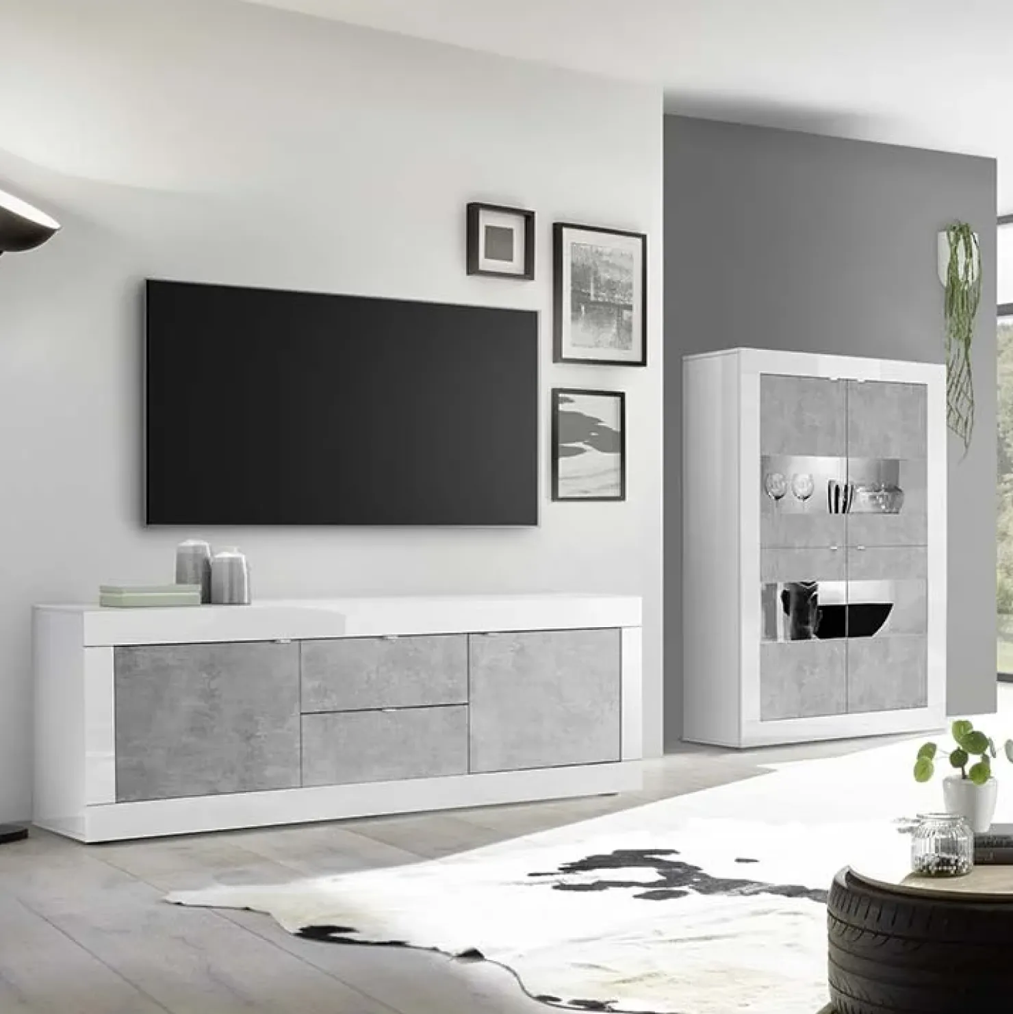 Garnero Arredamenti Vetrinetta 102x162h cm 4 ante soggiorno bianco lucido cemento Eternity Cemento - Bianco Lucido Sale