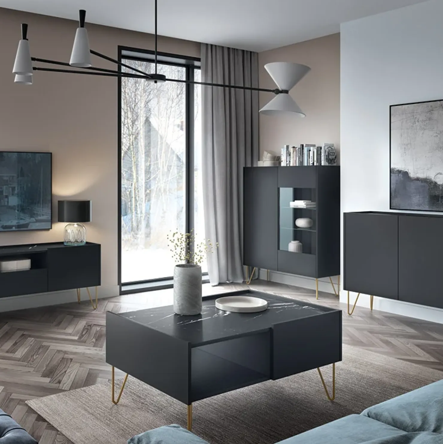 Garnero Arredamenti Vetrinetta 97x123h cm 2 ante soggiorno nero effetto marmo Sirena Outlet