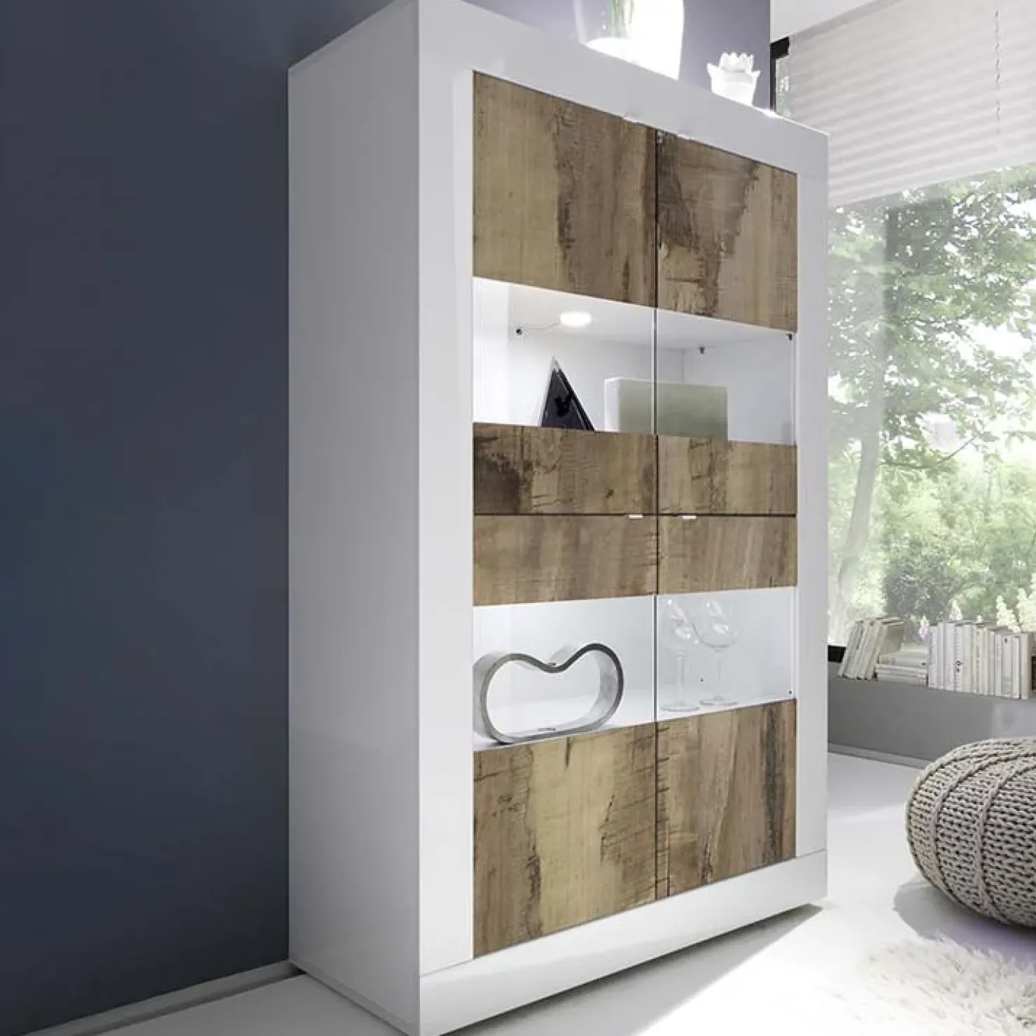 Garnero Arredamenti Vetrinetta 102x162h cm 4 ante soggiorno bianco lucido pero Eternity Bianco Lucido - Rovere New