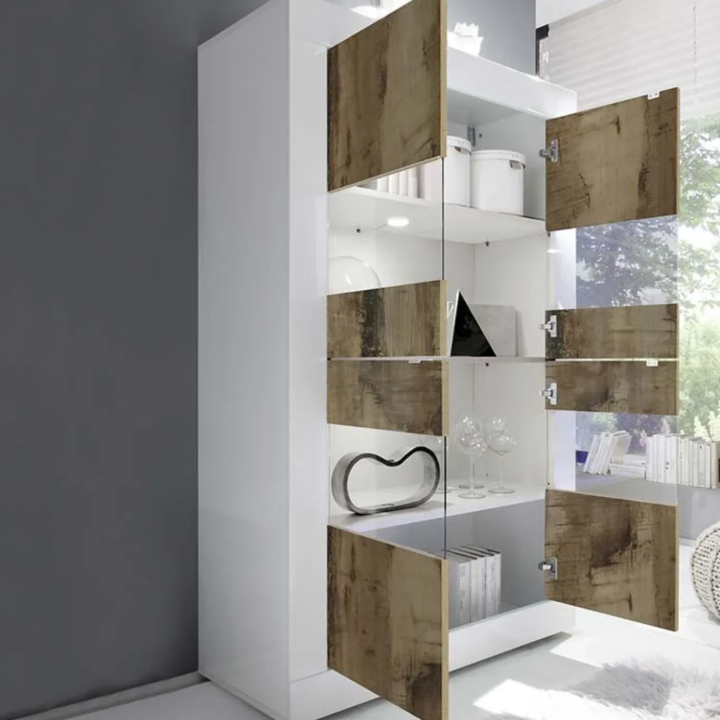 Garnero Arredamenti Vetrinetta 102x162h cm 4 ante soggiorno bianco lucido pero Eternity Bianco Lucido - Rovere New