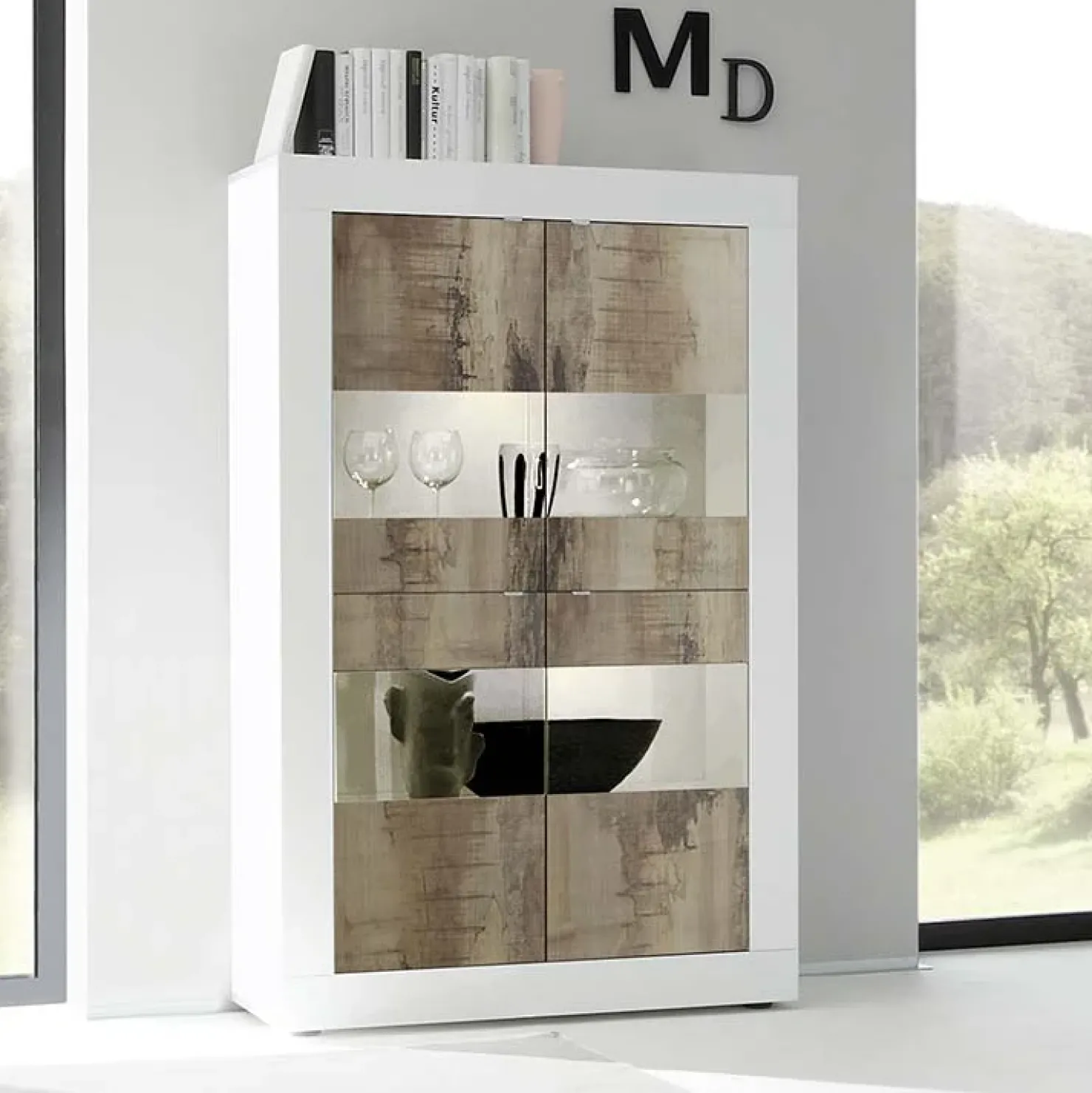 Garnero Arredamenti Vetrinetta 102x162h cm 4 ante soggiorno bianco lucido pero Eternity Bianco Lucido - Rovere New