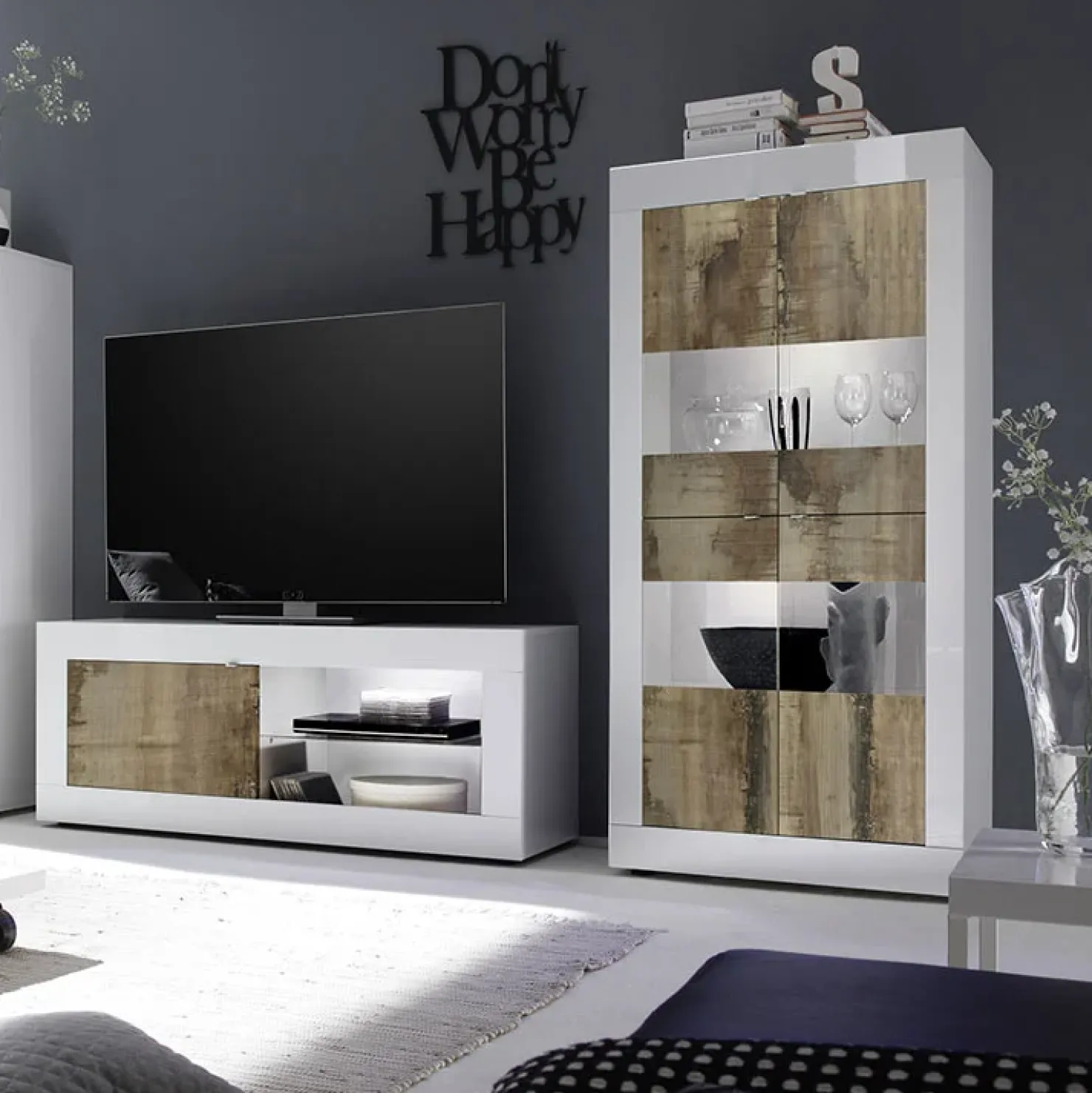 Garnero Arredamenti Vetrinetta 102x162h cm 4 ante soggiorno bianco lucido pero Eternity Bianco Lucido - Rovere New