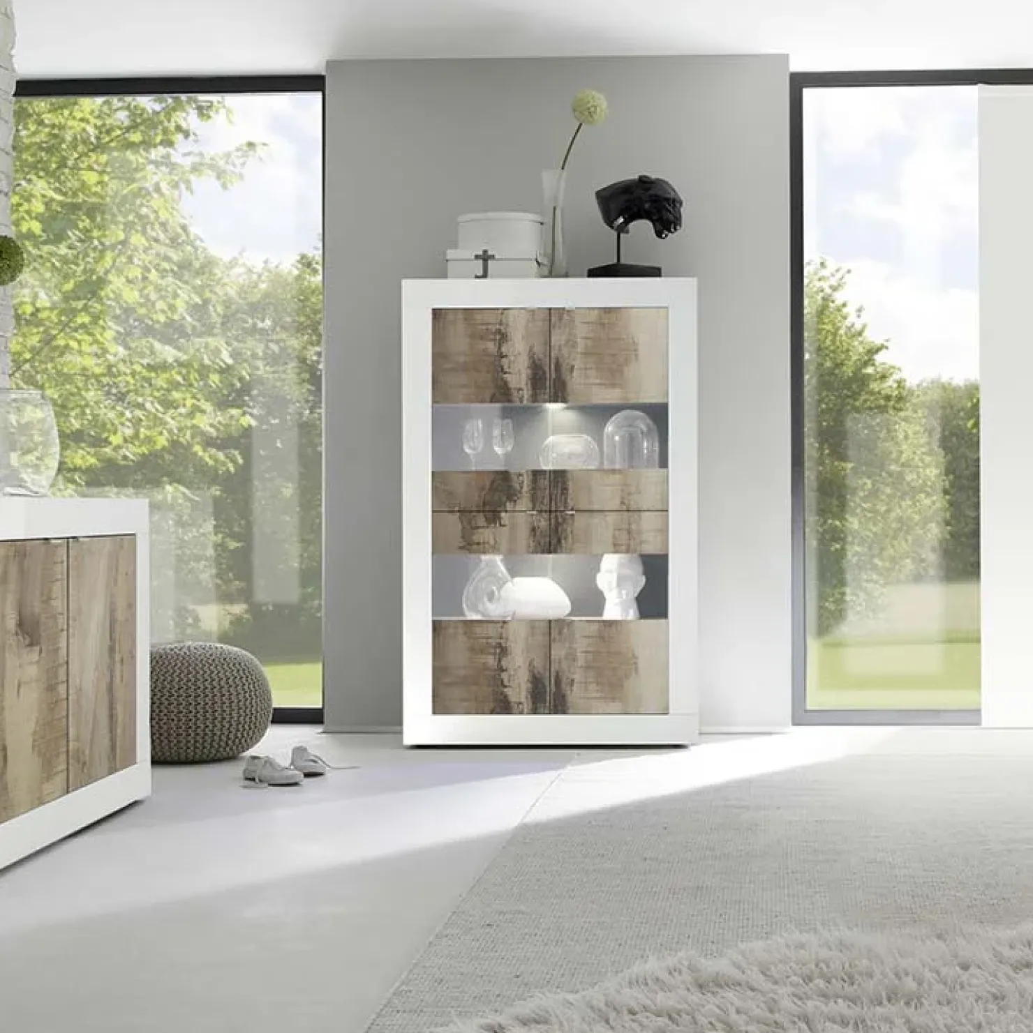 Garnero Arredamenti Vetrinetta 102x162h cm 4 ante soggiorno bianco lucido pero Eternity Bianco Lucido - Rovere New