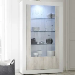 Garnero Arredamenti Vetrinetta 110x190h cm da parete bianco lucido e pino Florena Bianco Frassinato - Bianco Lucido Discount