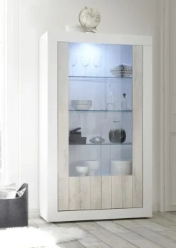 Garnero Arredamenti Vetrinetta 110x190h cm da parete bianco lucido e pino Florena Bianco Frassinato - Bianco Lucido Discount