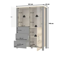 Garnero Arredamenti Vetrinetta 101x146h cm industrial 2 ante 3 cassetti rovere nero Nebraska Rovere - Nero opaco Hot