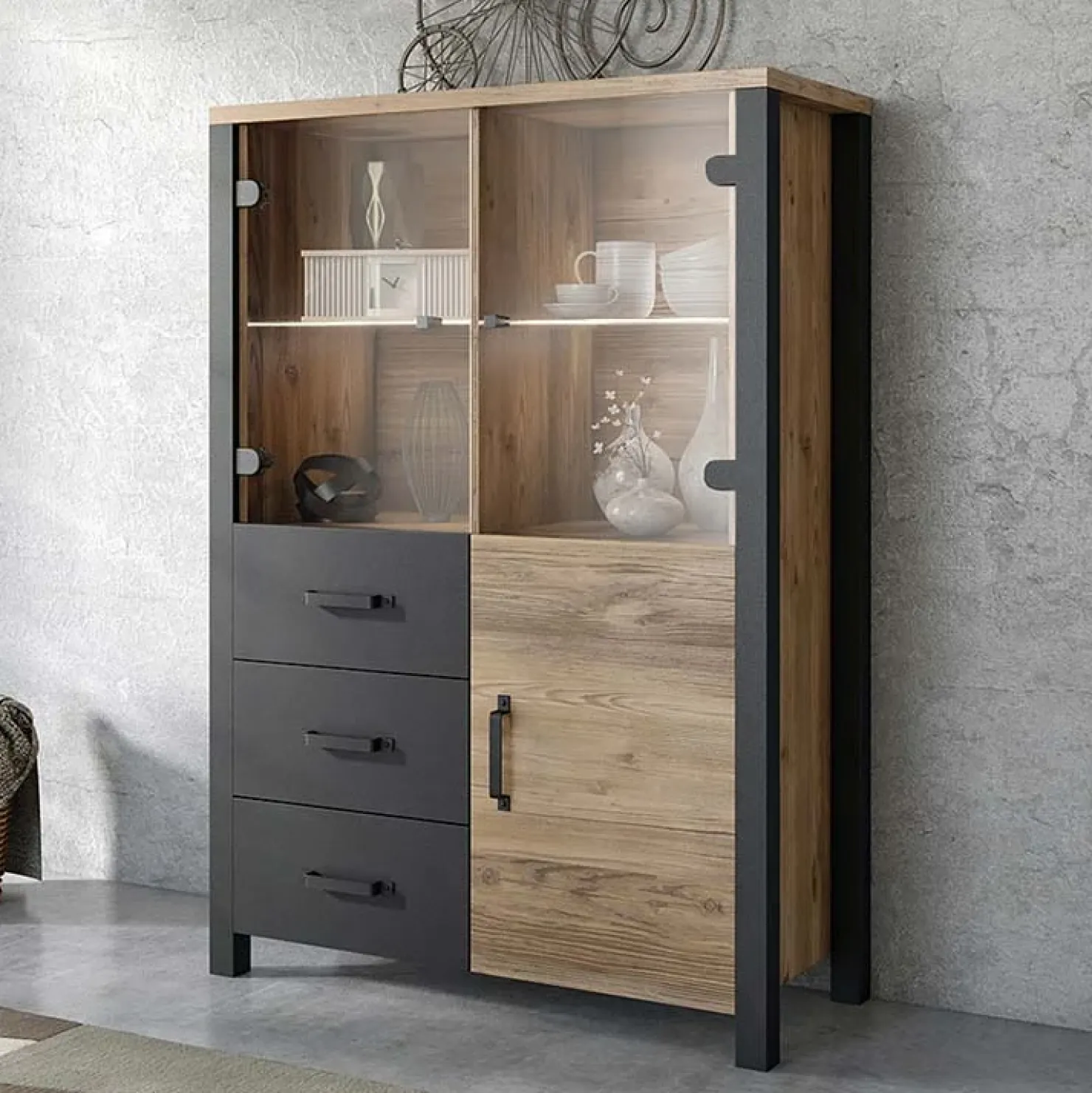 Garnero Arredamenti Vetrinetta 101x146h cm moderna quercia nero opaco Nebraska Rovere Rustico - Nero opaco Sale