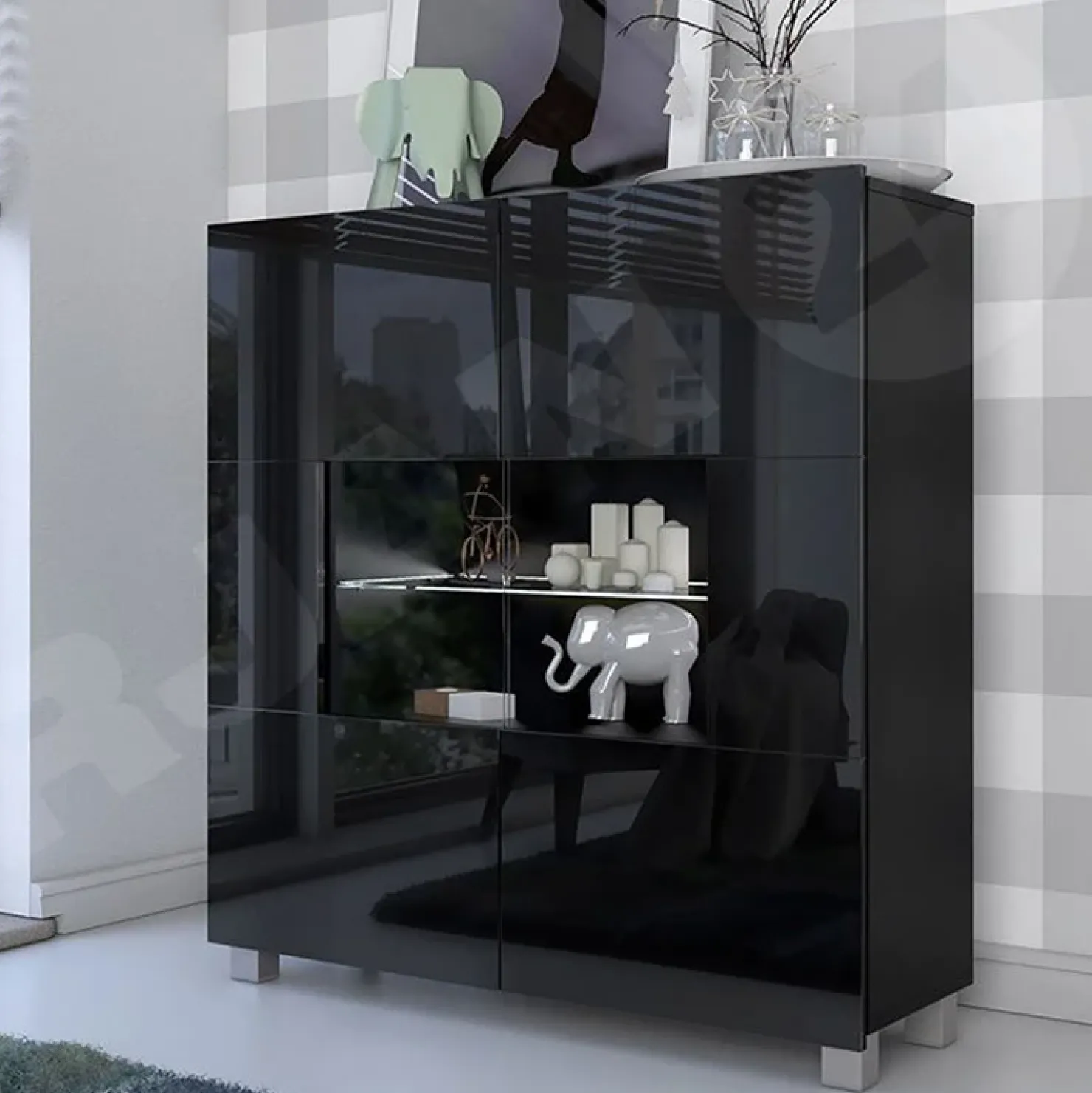 Garnero Arredamenti Vetrinetta 100x107h cm moderna soggiorno nero Corale Nero Lucido New
